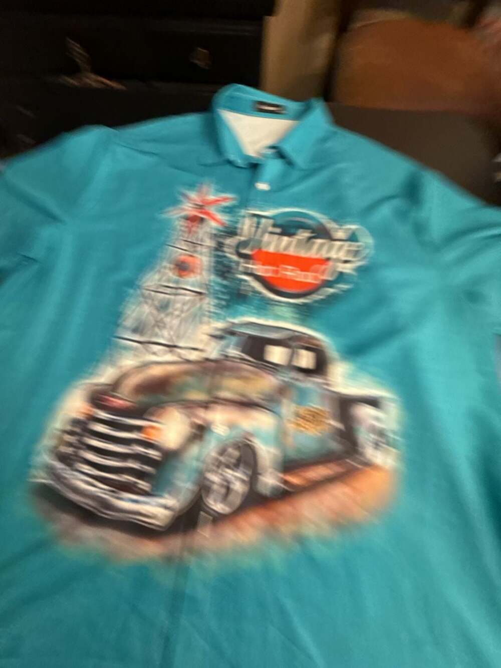 Garamode Vintage Hot Rod Truck Polo Size 2XL Teal Graphic Shirt